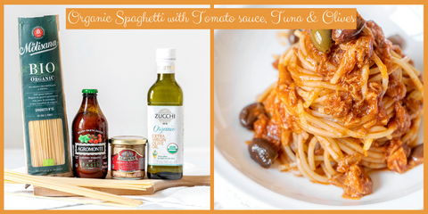 Organic Spaghetti with Tuna, Olives and Tomato sauce