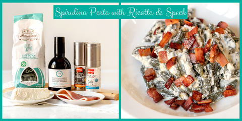 Spirulina pasta with fresh Ricotta cheese & Speck
