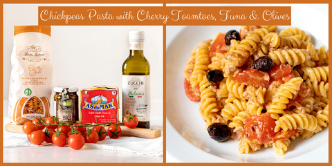 Chickpea Pasta with Tuna, Olives and Cherry Tomatoes