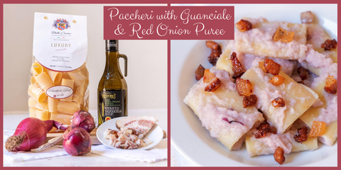 Paccheri with Red Onion puree & Guanciale