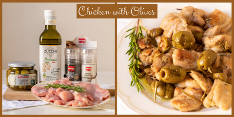Chicken bites sautéed with Extra Virgin Olive Oil, Rosemary & Grilled Olives