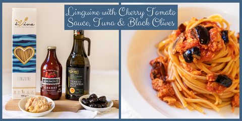 Linguine with Cherry Tomato Sauce, Tuna & Black Olives