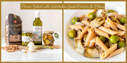 Penne Pasta Salad with fresh Onions, green Olives & Artichokes RECIPE