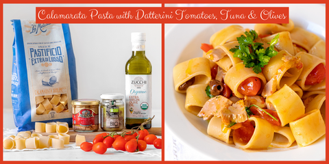 Calamarata pasta recipe with Tuna, Datterini Tomatoes & Taggiasche Olives