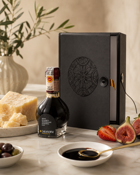 Carandini Traditional Balsamic Vinegar with Parmigiano Reggiano and strawberries