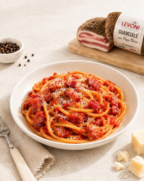 Authentic pasta Amatriciana with Levoni guanciale, tomato sauce and Pecorino 