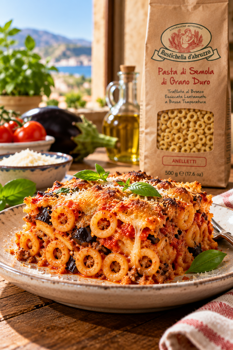 Rustichella d'Abruzzo Anelletti served in Sicilian baked pasta