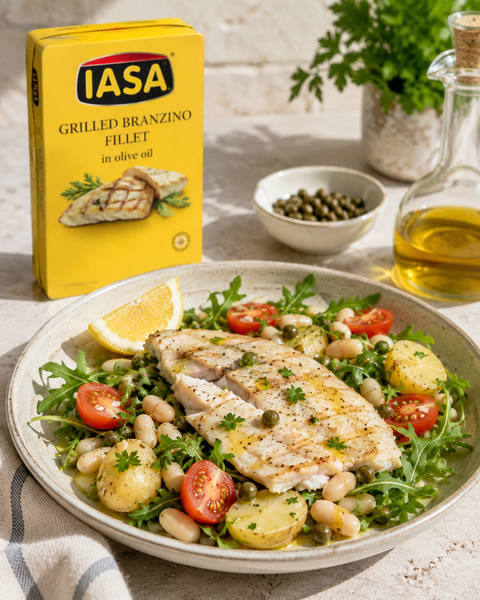 IASA grilled Mediterranean sea bass fillet with tomato and capers
