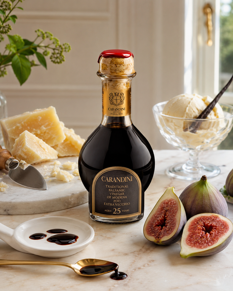 Carandini Extra Vecchio balsamic vinegar with Parmigiano Reggiano, figs and vanilla gelato