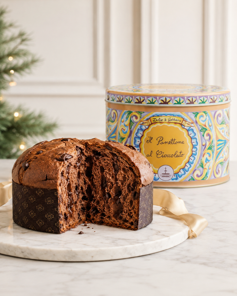 Fiasconaro Dolce&Gabbana Chocolate Panettone sliced with collectible tin