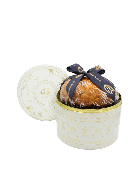 A Chocolate Panettone packaged in an ivory tin box with gold accents and a blue ribbon.