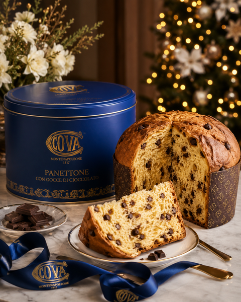 Cova Montenapoleone Chocolate Panettone served with original blue tin