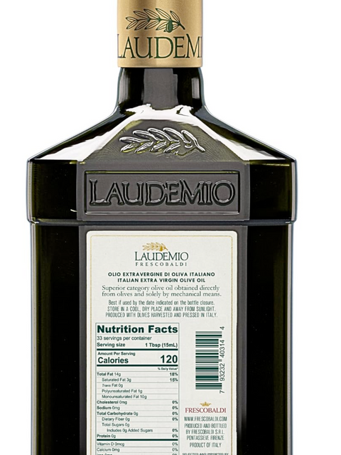 Laudemio Frescobaldi premium Italian olive oil bottle and green back label