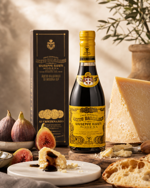 Giusti 4 Gold Medals balsamic vinegar served with Parmigiano Reggiano and figs