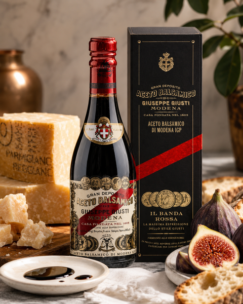 Giusti Banda Rossa balsamic vinegar served with Parmigiano Reggiano and fresh figs