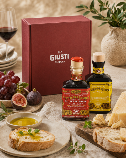 Italian gourmet gift box with Giusti olive oil balsamic vinegar and artisan bread