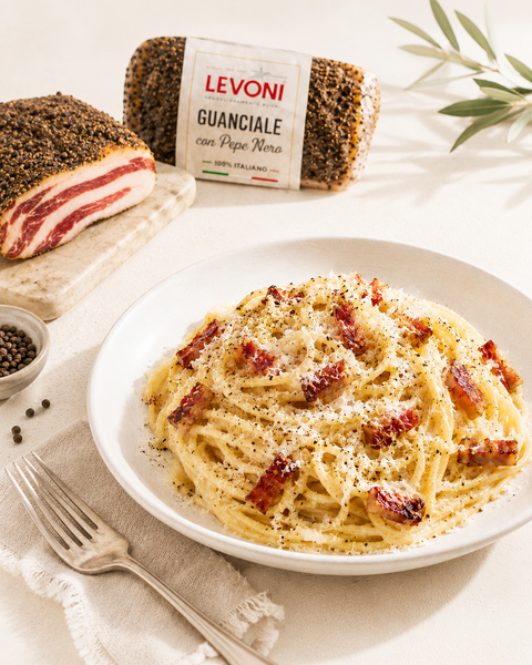 Authentic Italian Gricia pasta with Levoni guanciale, Pecorino Romano and black pepper