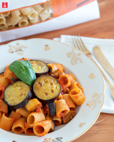 Mezze Maniche with tomato eggplants and basil