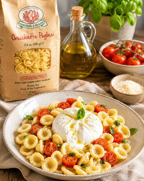Rustichella Orecchiette pasta with cherry tomatoes burrata and basil