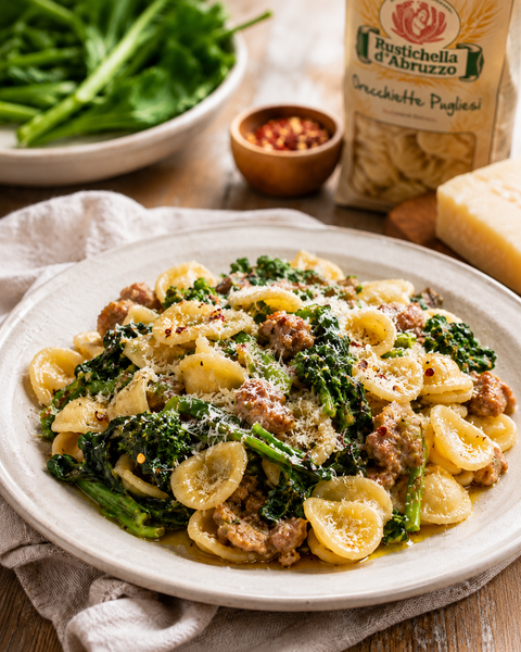 Rustichella Orecchiette served with broccoli rabe Italian sausage and Pecorino