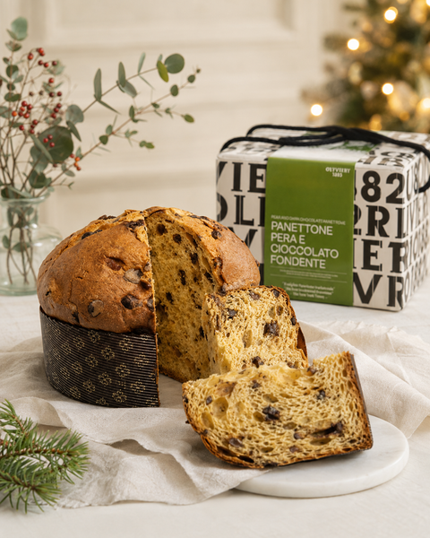 Olivieri 1882 Pear and Dark Chocolate Panettone sliced for Christmas