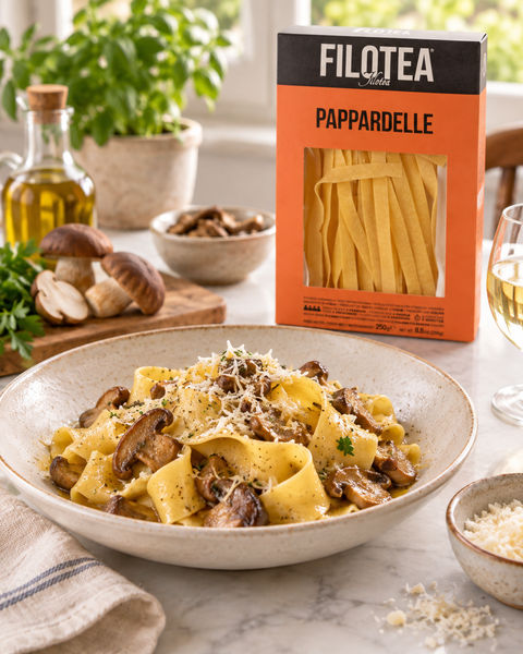 Filotea Pappardelle served with mushroom ragù and original package