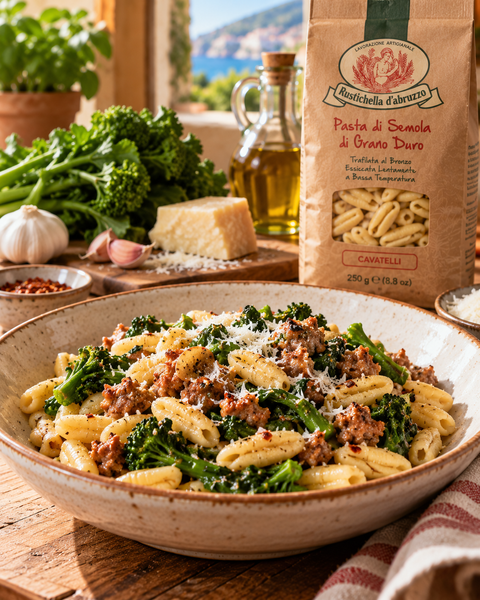 Rustichella d'Abruzzo Cavatelli served with sausage and broccoli