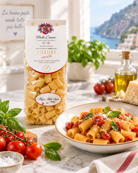 Pasta Cuomo Mezze Mille Righe served with tomato sauce and original package