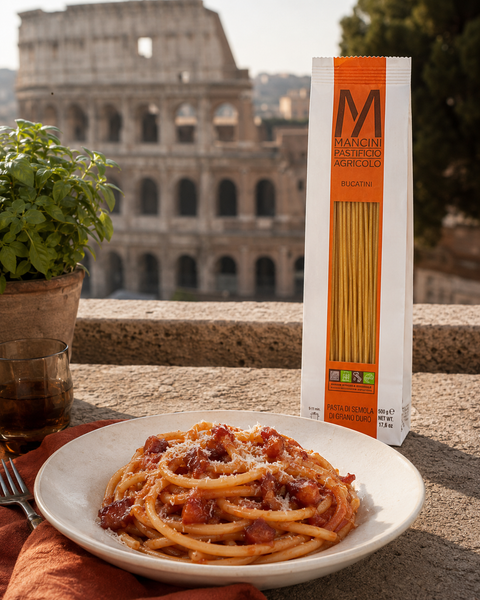 Pasta Mancini Bucatini all’Amatriciana with tomato sauce and pecorino