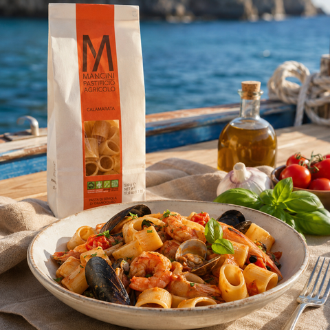 Pasta Mancini Calamarata with seafood on a Mediterranean boat