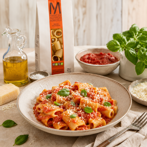 Pasta Mezzi Paccheri with tomato and basil