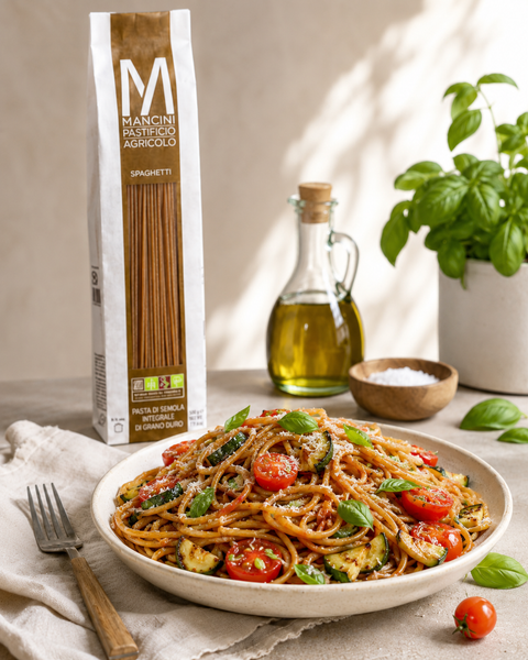 Pasta Mancini Whole Wheat Spaghetti with cherry tomatoes, basil and extra virgin olive oil