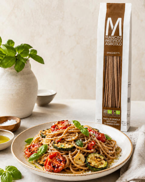Pasta Mancini Whole Wheat Spaghetti with zucchini, tomatoes, basil and extra virgin olive oil