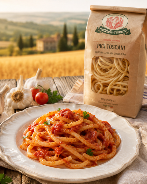 Rustichella Tuscan Pici pasta with garlic tomato sauce and parsley