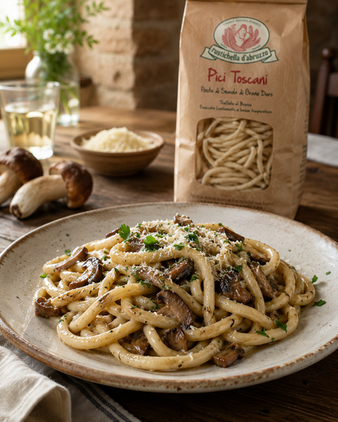 Rustichella Pici pasta with porcini mushrooms Pecorino and herbs