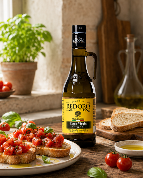 Redoro Extra Virgin Olive Oil drizzled on bruschetta with tomatoes and basil
