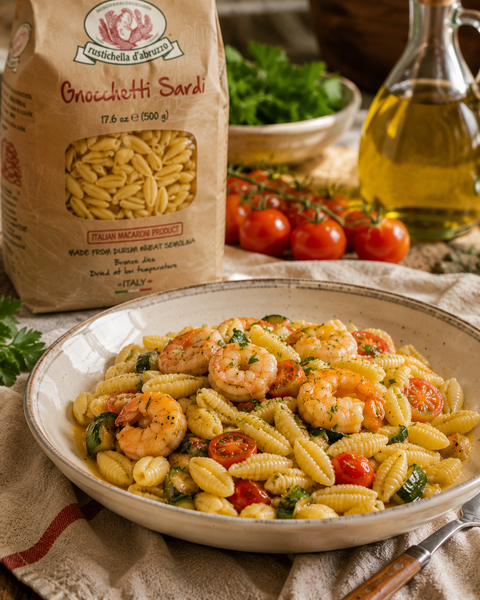 Rustichella Gnocchetti pasta with shrimp cherry tomatoes and parsley