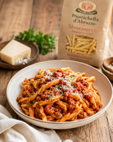 Rustichella Strozzapreti pasta with Italian sausage and tomato ragù