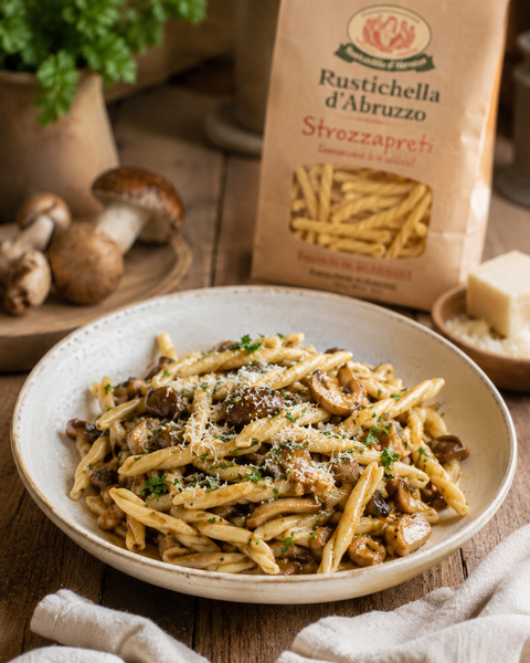 Rustichella Strozzapreti pasta with porcini mushrooms and Pecorino