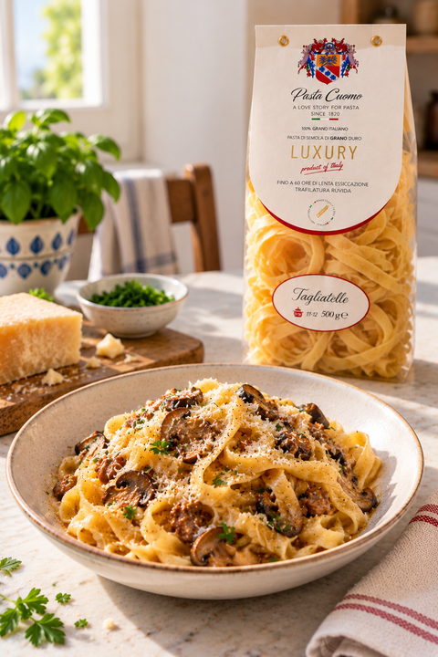 Pasta Cuomo Tagliatelle served with mushroom sauce and original package
