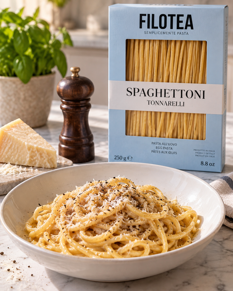 Filotea Spaghettoni Tonnarelli served with cacio e pepe and original package