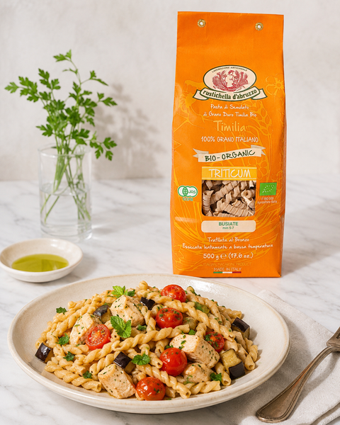 Organic Timilia Busiate pasta with swordfish eggplant and cherry tomatoes