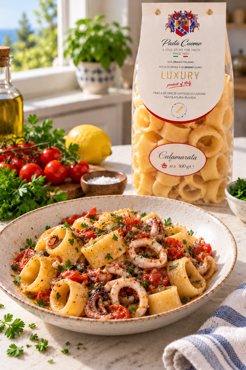 Pasta Cuomo Calamarata served with seafood and original package