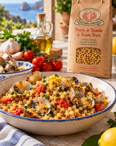 Rustichella Fregola Tostata served with clams and cherry tomatoes.
