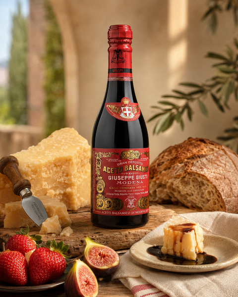Giusti 3 Gold Medals balsamic vinegar served with Parmigiano Reggiano and strawberries