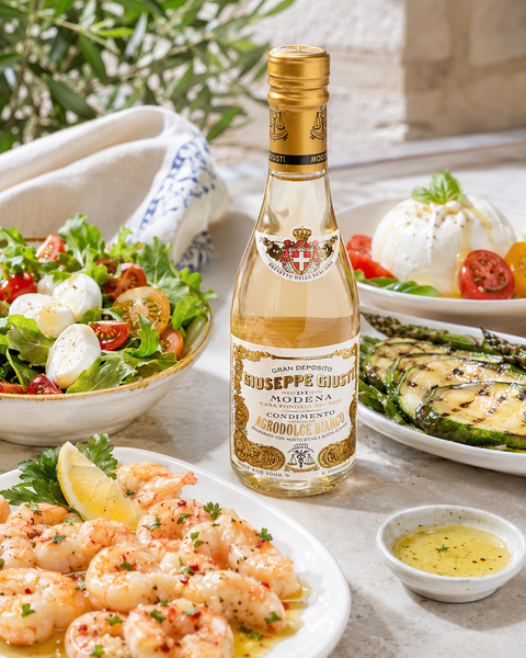 Giusti White Condiment served with shrimp vegetables and fresh mozzarella