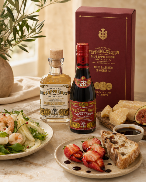 Giusti Italian vinegar gift box served with seafood cheese salad and fruit