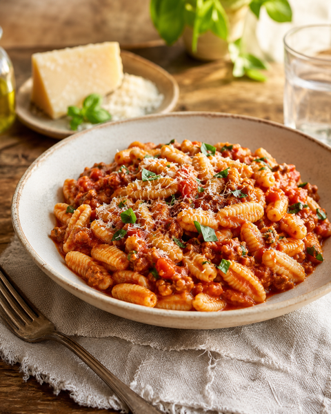 Rustichella Gnocchetti Sardi served with sausage tomato ragù and Pecorino