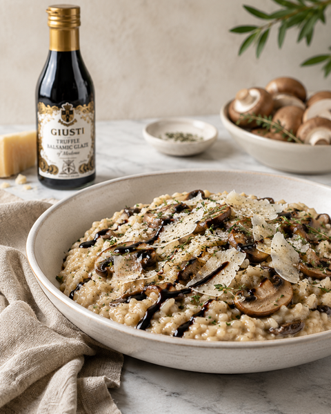 Giusti truffle balsamic glaze served with mushroom risotto and Parmigiano