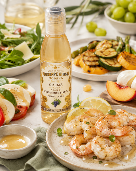Giusti white balsamic glaze served with shrimp grilled vegetables and fresh salad